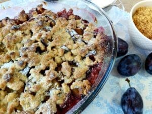 Golden Plum crumble in a baking dish.