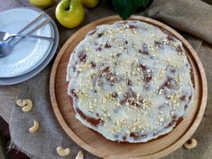 Apple Cashew Cake topped with cashew paste glaze