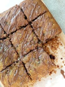 Sliced Chocolate Banana Bars on a wooden board