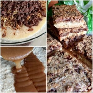 Collage of 3 images showing caramel being poured over a cake base, a chocolate walnut filling and the baked bars.