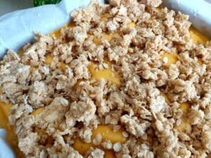 Streusel topped cake ready for the oven.