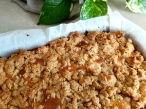 Golden oat crumble bars filled with pumpkin cream and topped with a drizzle of creamy caramel. 