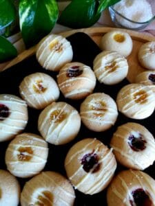 Thumbprint cookies filled with different fillings.