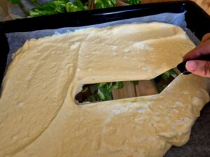 Close-up of batter being distributed in the baking tray. 