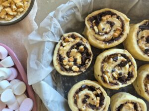 Close-up of unbaked S'mores Cinnamon Rolls 