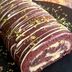 Close up of Dubai-style chocolate Swiss Roll